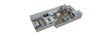 A 3D rendered image of a modern apartment layout.