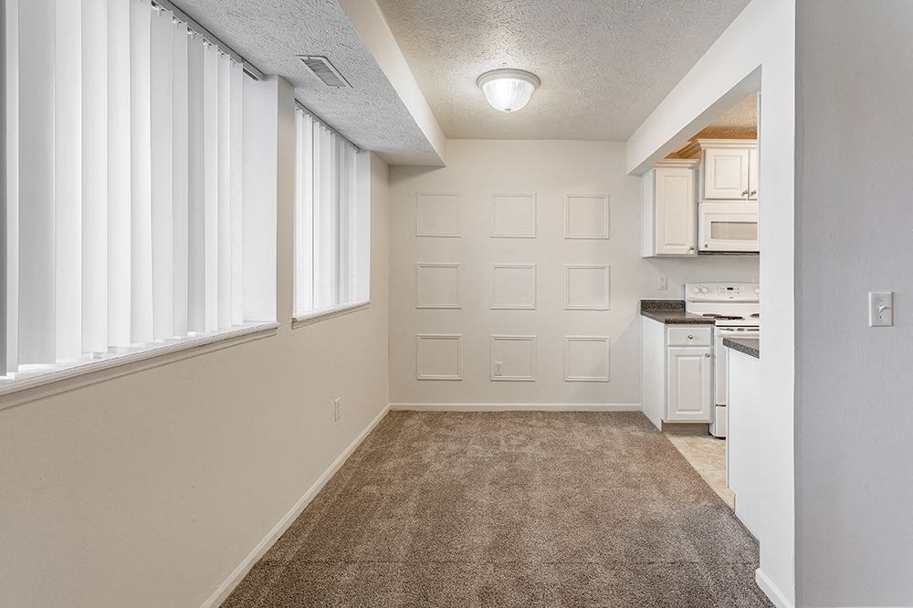 an empty kitchen and living room with a carpet