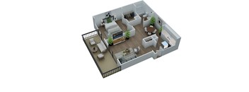 A 3D rendered image of a house layout.