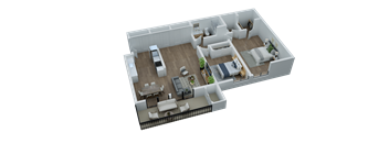 A 3D rendered image of a house layout.