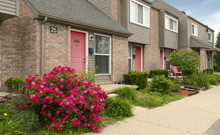 a pink door on a brick house with a pink flower bush in front of it
