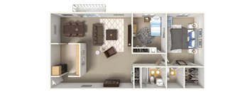 this is a 3d floor plan of a 846 square foot 1 bedroom apartment at the