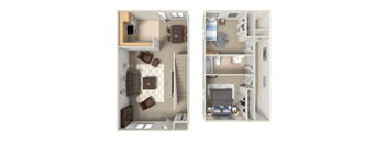 a stylized floor plan of a two bedroom apartment