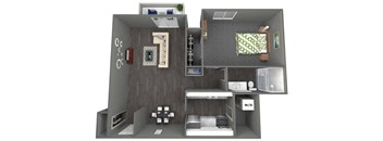 a bedroom with a bed a desk and a mirror