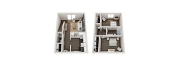 a stylized floor plan with two bedrooms and a bathroom