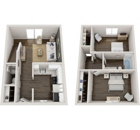 a stylized floor plan with two bedrooms and a bathroom