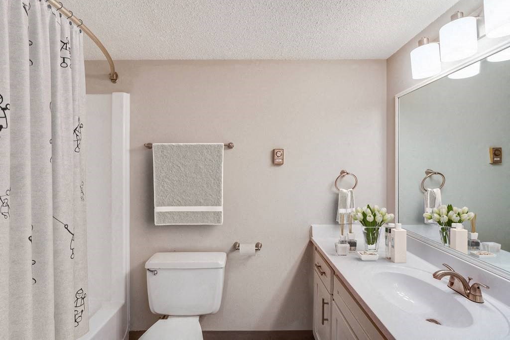 A white toilet sits next to a sink in a bathroom at The Waverly on the Lake - Belleville, MI Apartment , Michigan