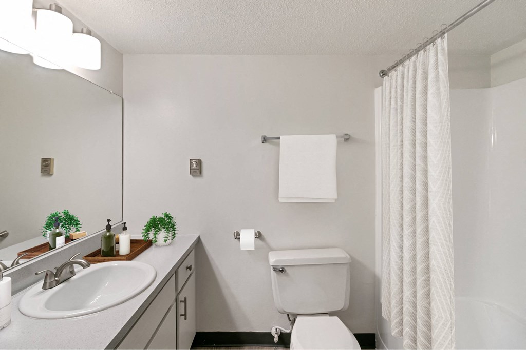 A white bathroom with a toilet, sink, and shower curtain at The Waverly on the Lake - Belleville, MI Apartment, Belleville, MI, 95050