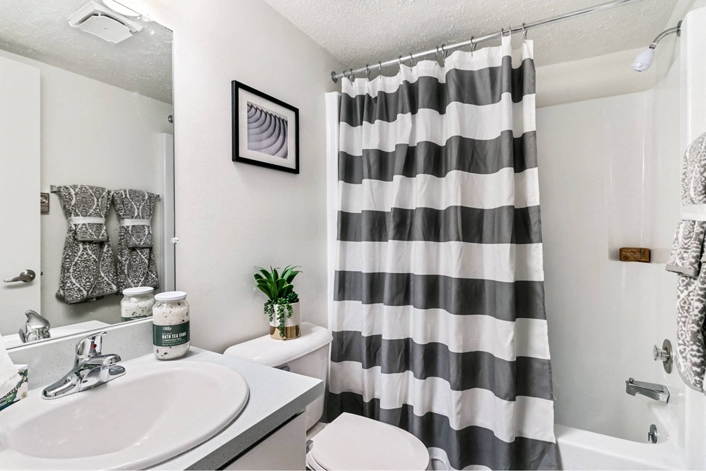 A bathroom with a striped shower curtain and a plant on the toilet at The Waverly on the Lake - Belleville, MI Apartment , Belleville, MI
