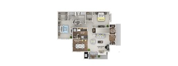 A floor plan of an apartment with a living room, dining room, kitchen, and two bedrooms.