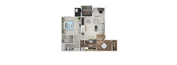A floor plan of a house with a living room, dining room, kitchen, and two bedrooms.