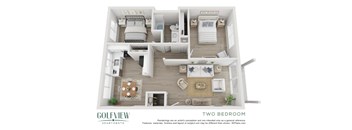 A 3D floor plan of a two bedroom apartment.