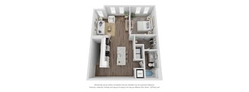 A 3D floor plan of a house with a kitchen, living room, and bathroom.