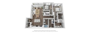A 3D floor plan of a house with a kitchen, living room, and bathroom.