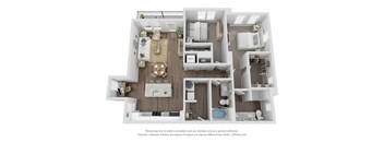 A 3D floor plan of a house showing a kitchen, living room, and bathroom.