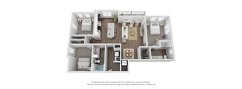A 3D floor plan of a small apartment with two bedrooms and a living area.