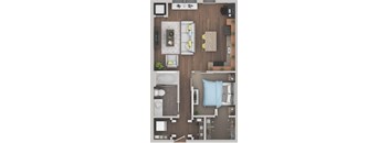 A top-down view of a well-organized apartment with a living room, kitchen, and bathroom.