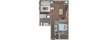 A top-down view of a small apartment with a bedroom, living room, and bathroom.