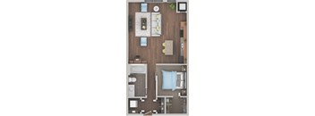 A top-down view of a small apartment with a bedroom, living room, and kitchen.