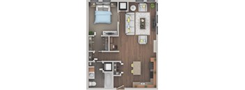 A top-down view of a living room with a couch, coffee table, and television.