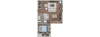 A top-down view of a living room with a couch, coffee table, and television.