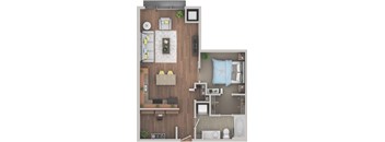 A top-down view of a small apartment with a kitchen, living room, and bathroom.