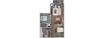 A floor plan of a small apartment with a kitchen, living room, and bathroom.
