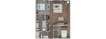 A top-down view of a small apartment with a bedroom, living room, and kitchen.