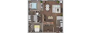 A top-down view of a house layout with a kitchen, living room, dining area, and bathroom.