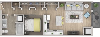 A top-down view of a living room with a couch, coffee table, and television.