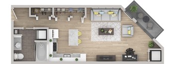 A top-down view of a house interior with a kitchen, living room, and dining area.