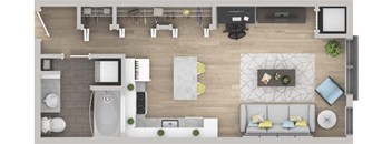 A top-down view of a living room with a couch, coffee table, and kitchen area.