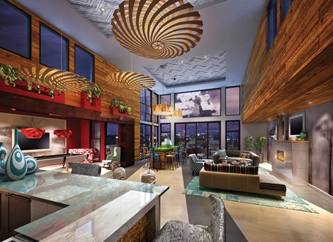 A modern living room with a glass table and a large window.
