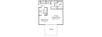A floor plan of a small apartment with a living/sleeping room, dining room, kitchen, bath, and foyer.