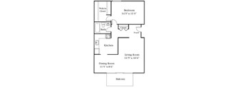 A floor plan of a small apartment with a bedroom, living room, kitchen, dining room, bathroom, and balcony.
