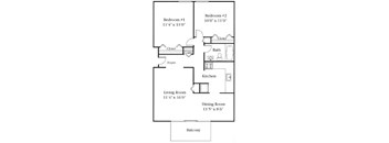 A floor plan of a two bedroom apartment with a living room, dining room, kitchen, and balcony.