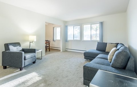 A living room with grey furniture and a large window.