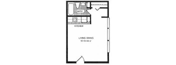 A floor plan of a small apartment with a living room, kitchen, and bathroom.