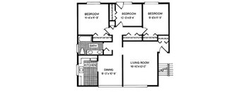 A black and white image of a house floor plan with three bedrooms, a living room, a dining room, a kitchen, and a bathroom.