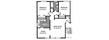 A black and white image of a house floor plan with a living room, two bedrooms, a kitchen, and a dining room.