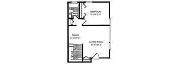 A floor plan of a small apartment with a bedroom, living room, and kitchen.