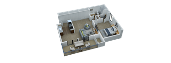 A 3D rendered image of a house layout with a kitchen, living room, and bedrooms.