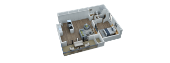 A 3D rendered image of a house interior.