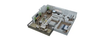 A 3D floor plan of a house with a kitchen, living room, and bedrooms.