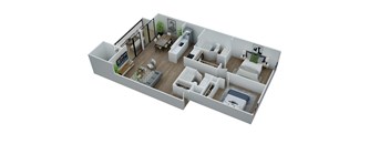 A 3D floor plan of a house with a kitchen, living room, and two bedrooms.