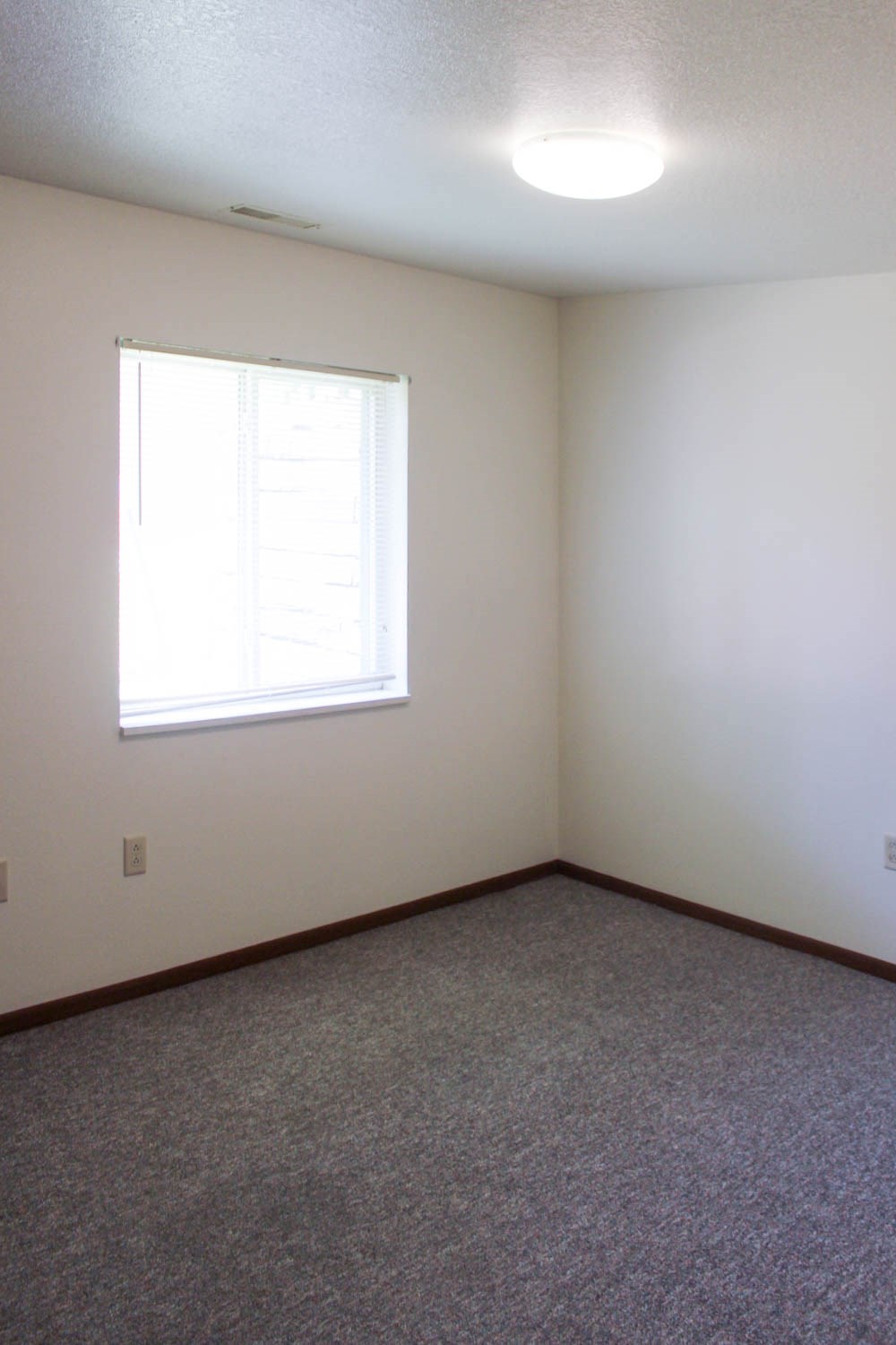 A room with a window and carpeted floor.