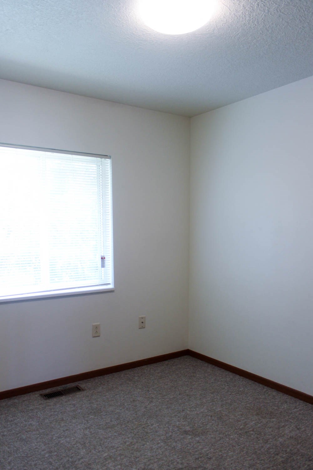 A room with a window and a carpeted floor.
