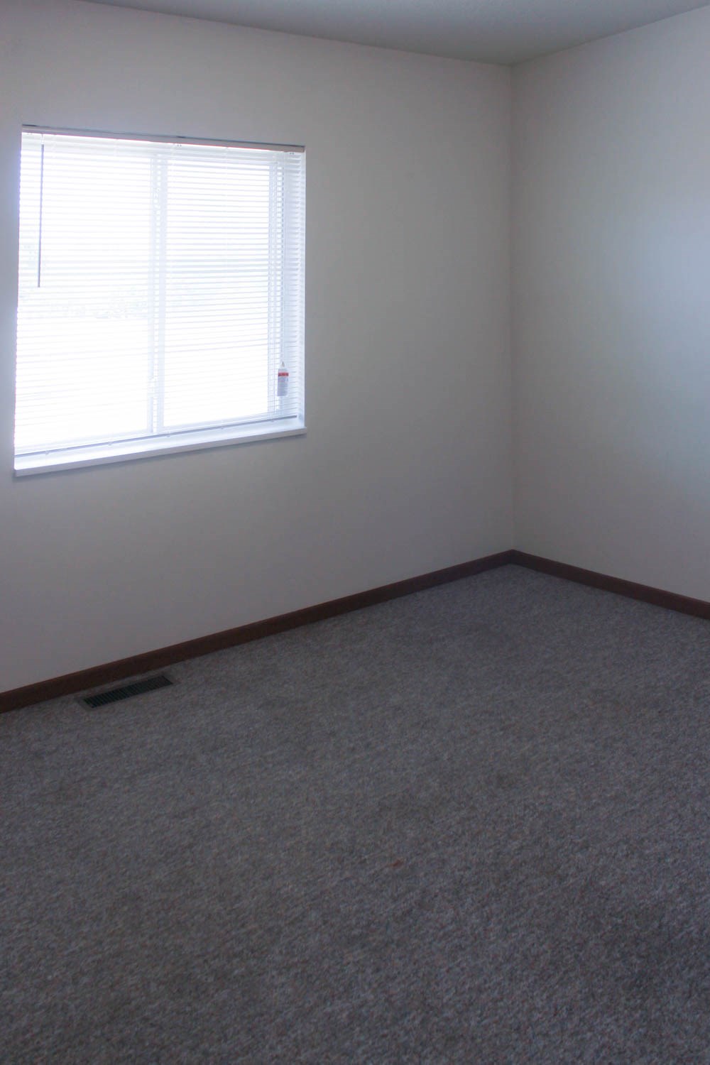 A carpeted room with a window.