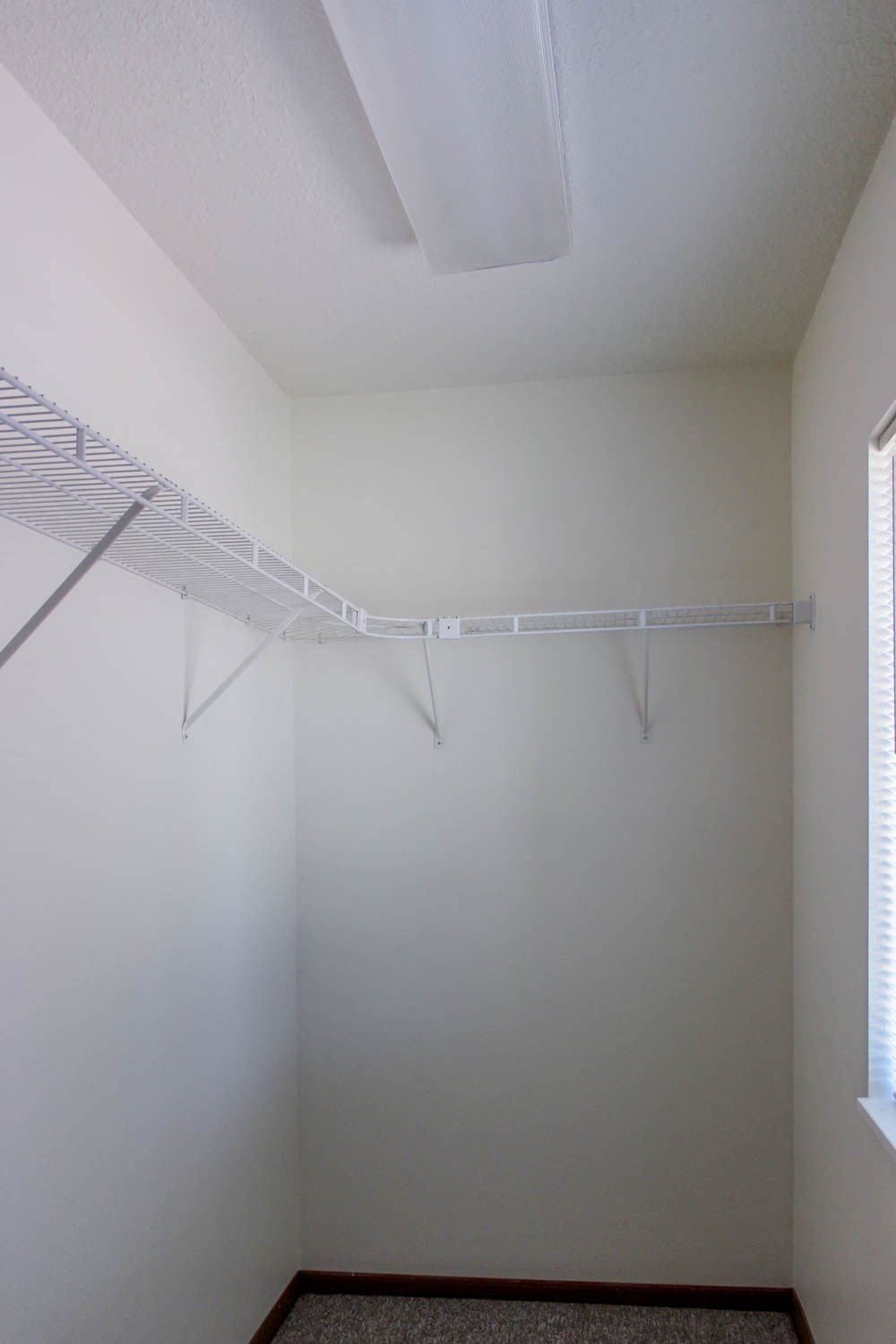 A white closet with a white shelf and a window.