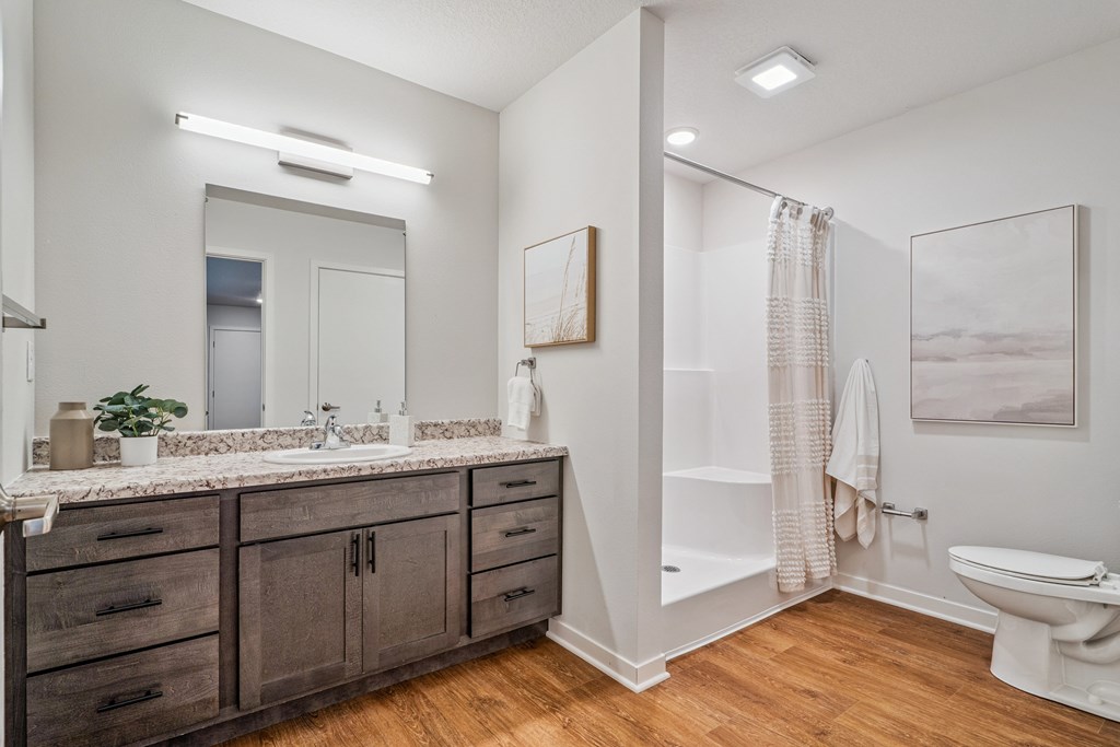 A bathroom with a white toilet, a sink, a mirror, and a shower.